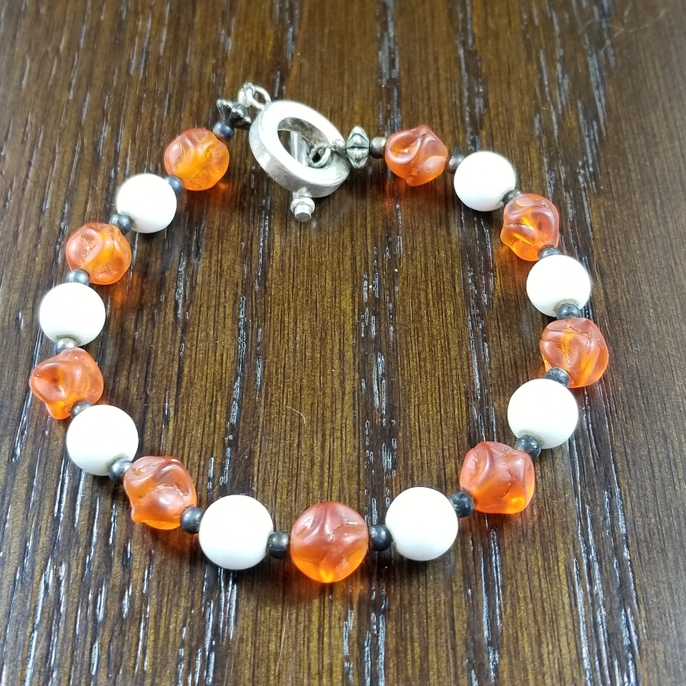 Fun Acrylic & Glass Bracelet in Orange + White.